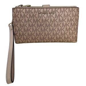 Michael Kors Jet Set Travel Double Zip Wristlet Pink Gold Bi Fold Wallet MK Logo